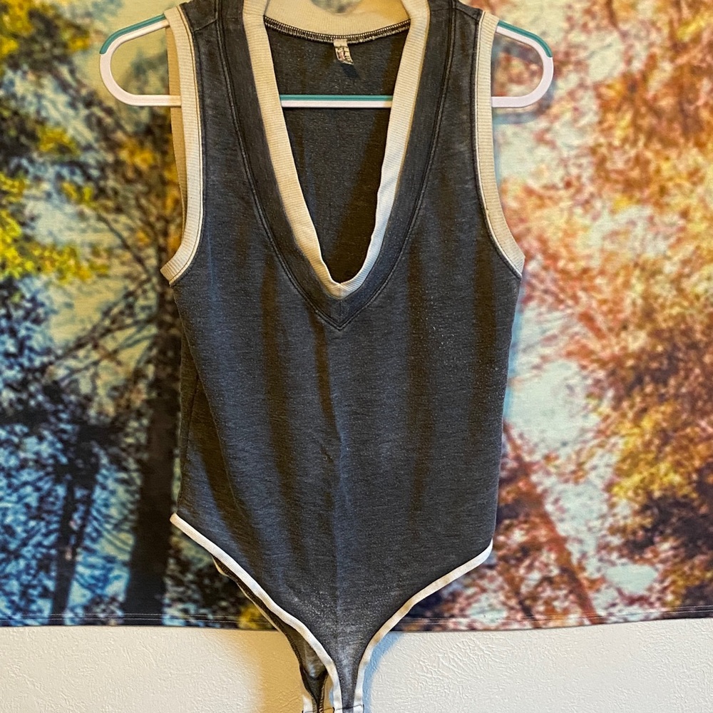 Free People distressed Gray and White Sleeveless V-neck Bodysuit activewear